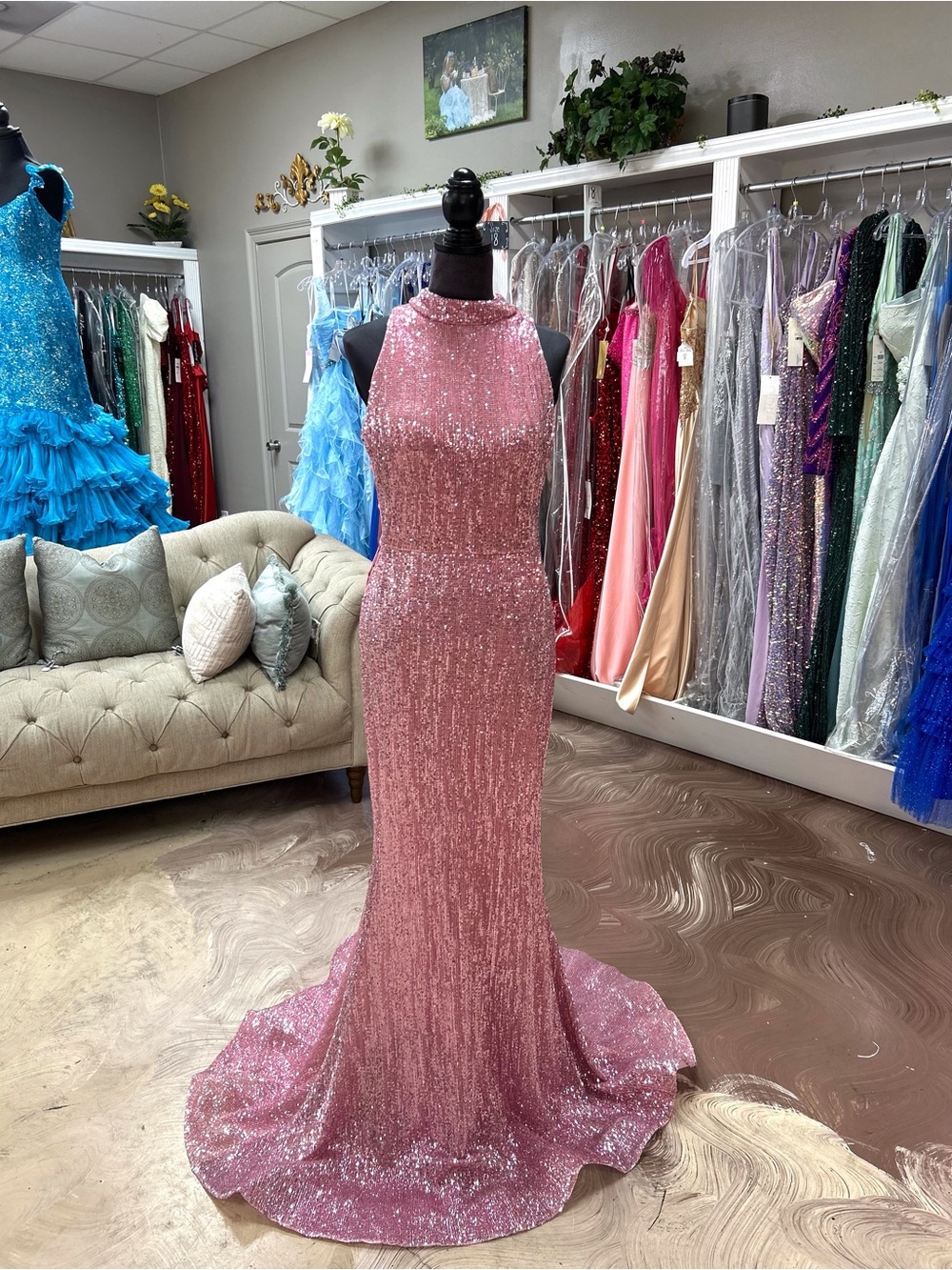 Jovani Dusty Rose Sequin High-Neck Prom Gown